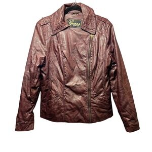 Guess Faux Leather Moto Biker Jacket Quilted‎ Burgundy XL
